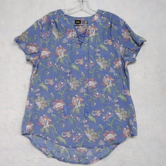 Lee Blouse Top Women's Size XL Multicolor Floral Pleated Back Lace-Up Neck Rayon - Picture 1 of 9